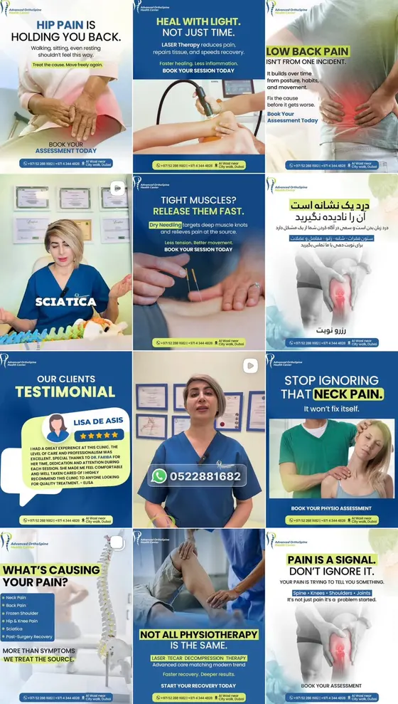 Instagram post designs for a physiotherapy clinic in the UAE by UpStream