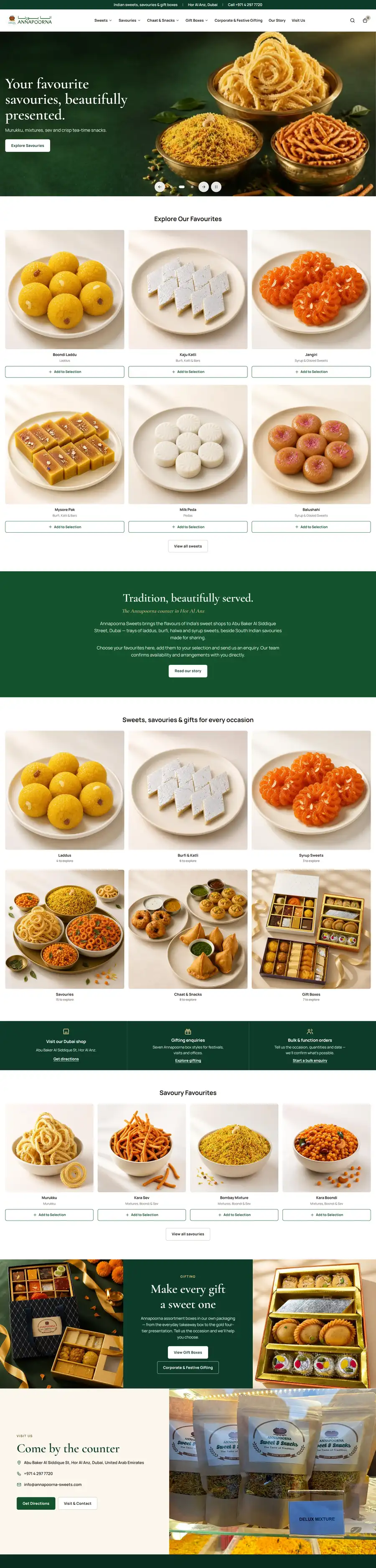 Annapoorna Sweets website home page, built by UpStream