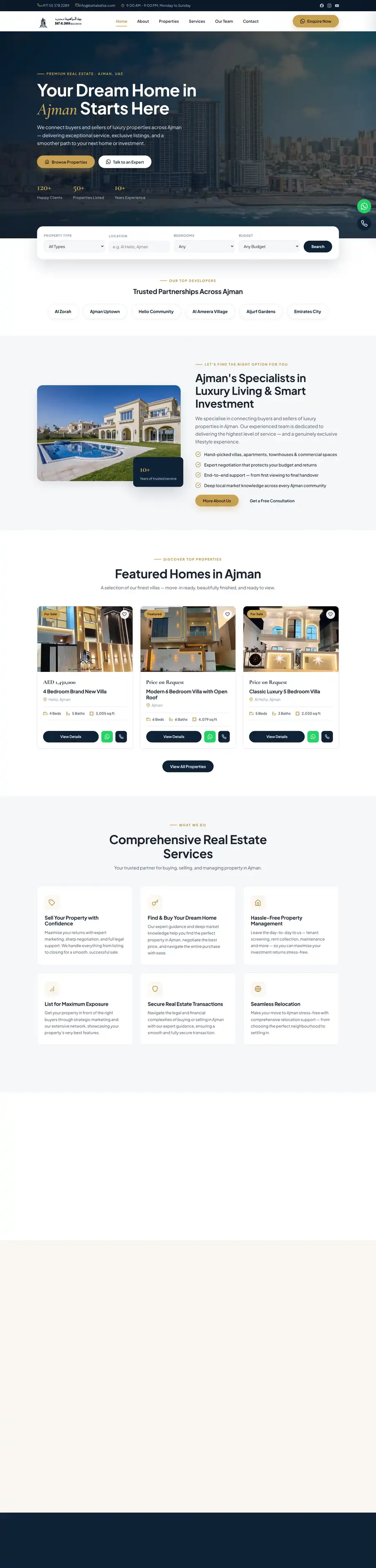Bait Al Zahia Real Estate website home page on desktop