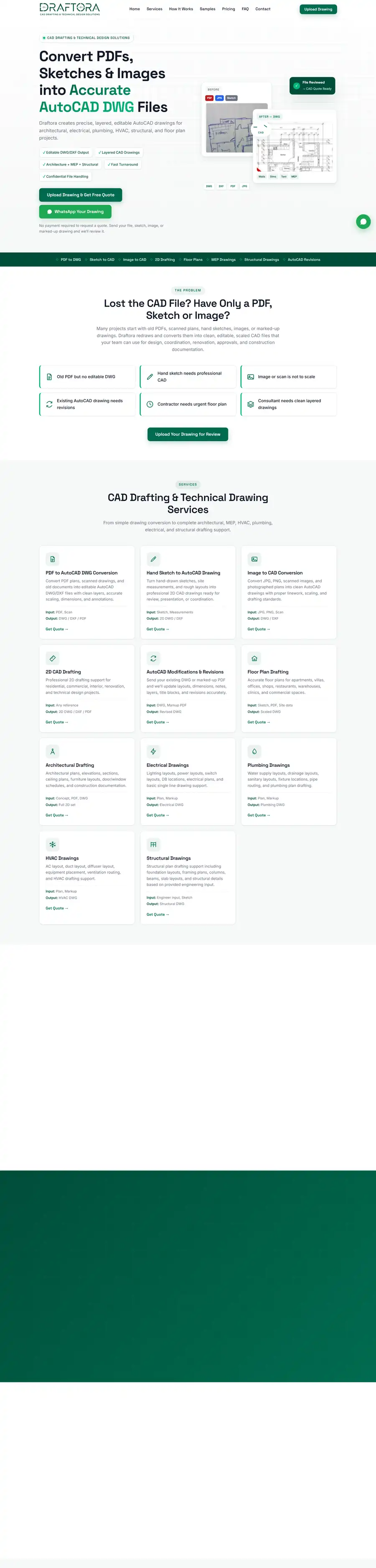 Draftora website home page on desktop