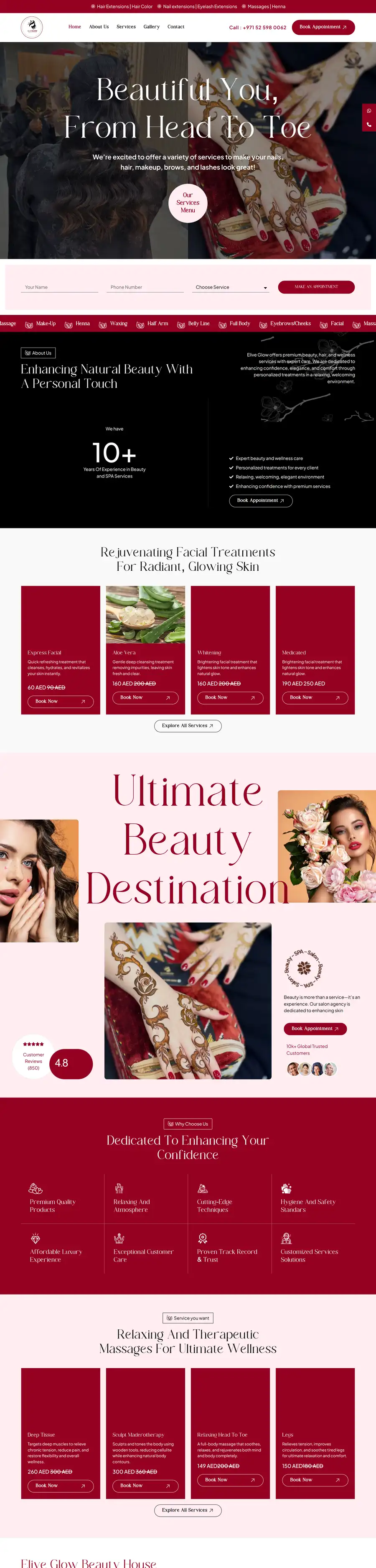 Elive Glow Beauty Salon website home page, built by UpStream