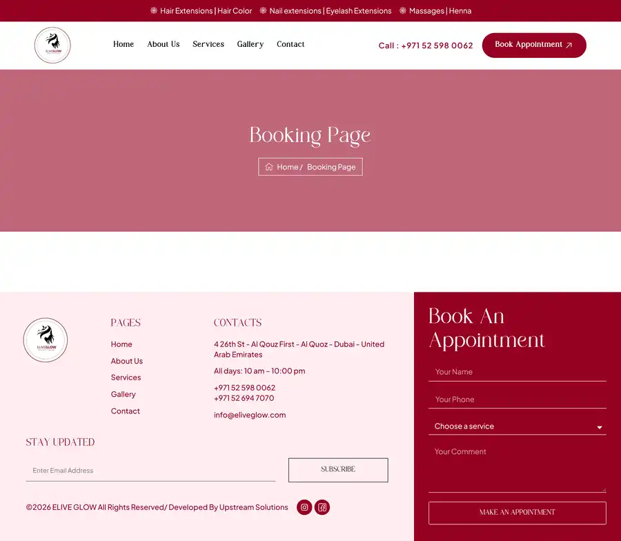 Elive Glow Beauty Salon website home page on desktop