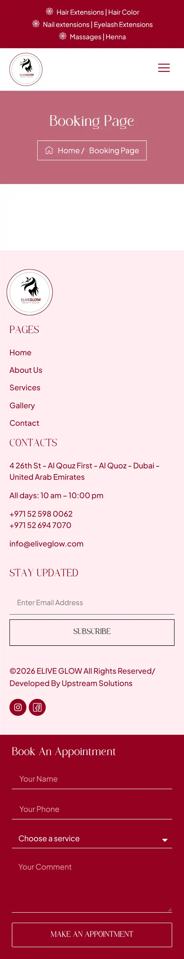 Elive Glow Beauty Salon website home page on mobile