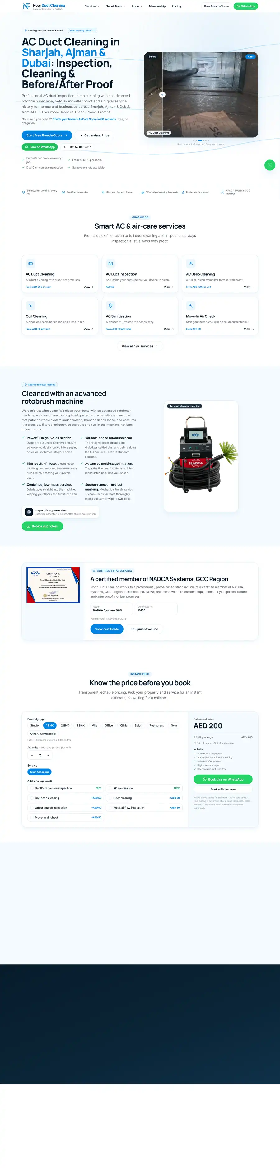 Noor Duct Cleaning website homepage, built by UpStream