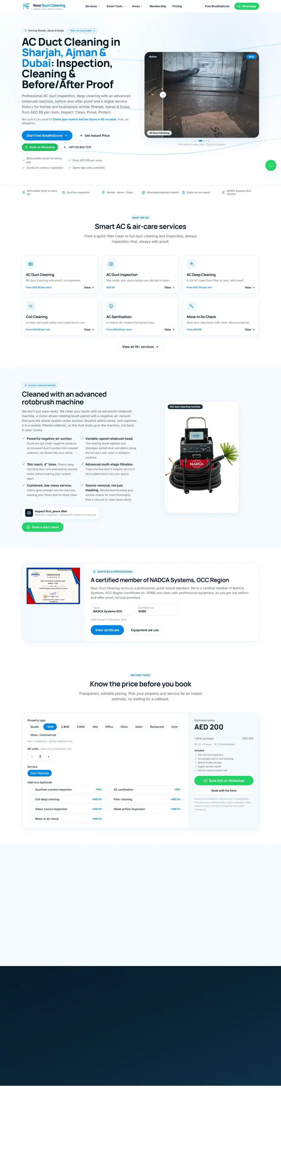 Noor Duct Cleaning website home page on desktop