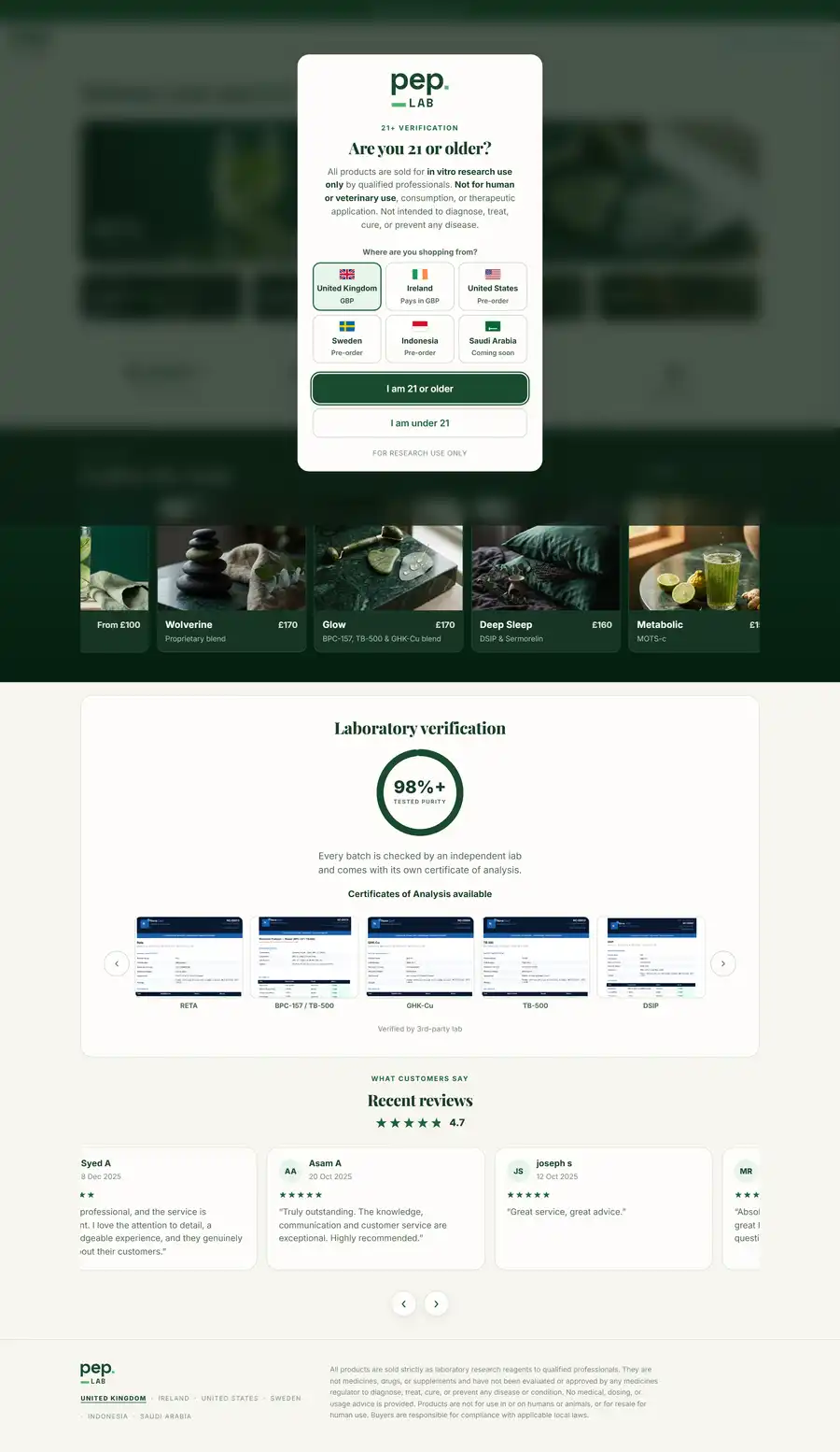 PepLab website home page on desktop