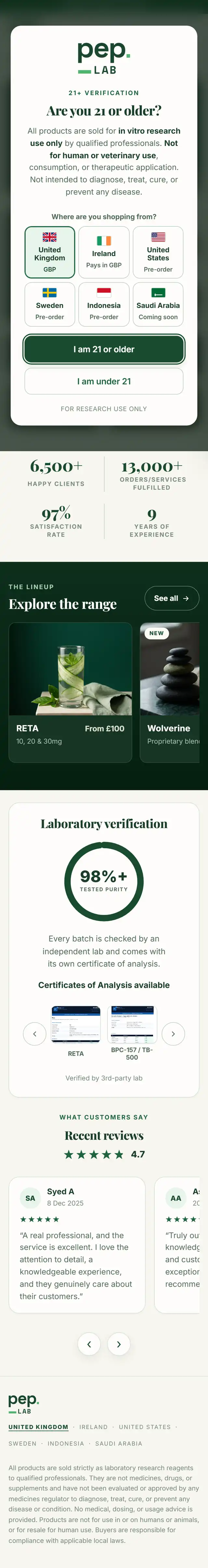 PepLab website home page on mobile