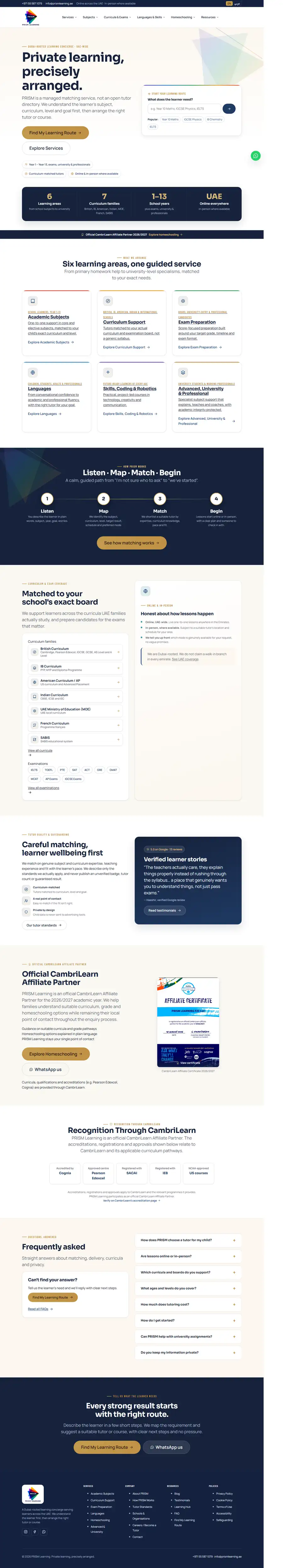 PRISM Learning website homepage, built by UpStream
