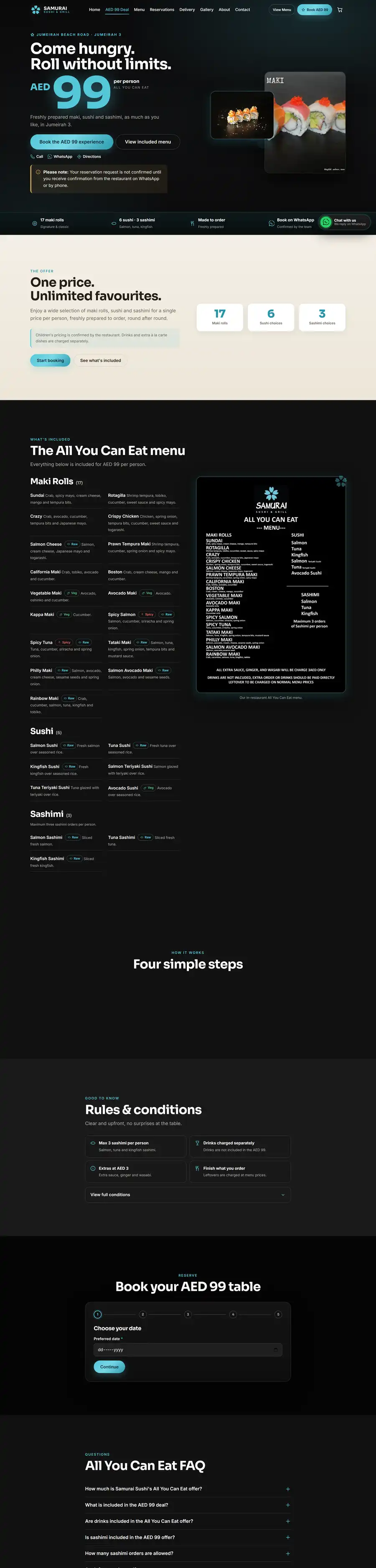 Samurai Sushi & Grill website home page on desktop