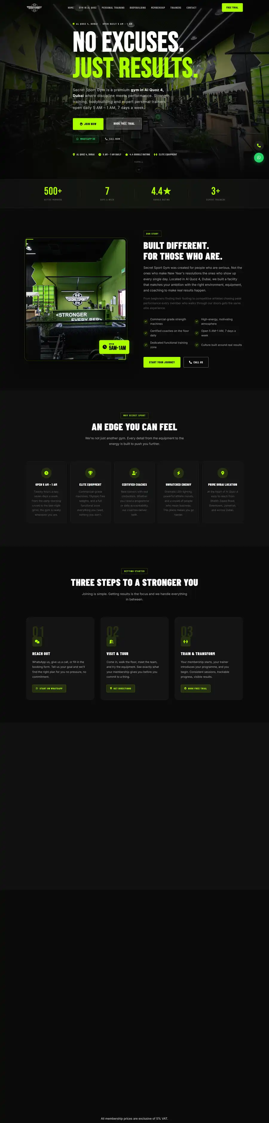 Secret Sport Gym website home page on desktop