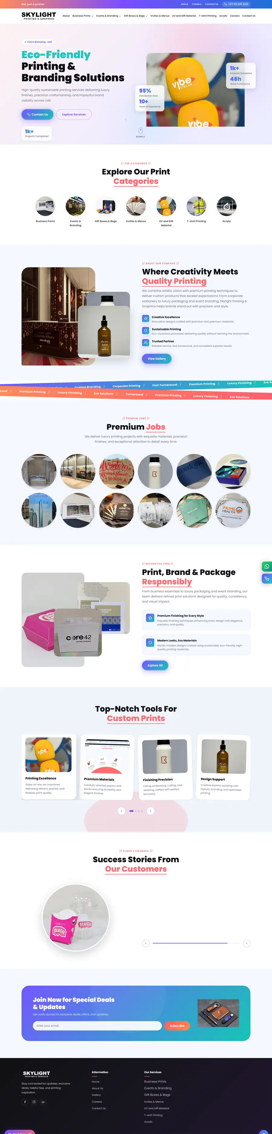 Skylight Printing & Graphics website home page, built by UpStream