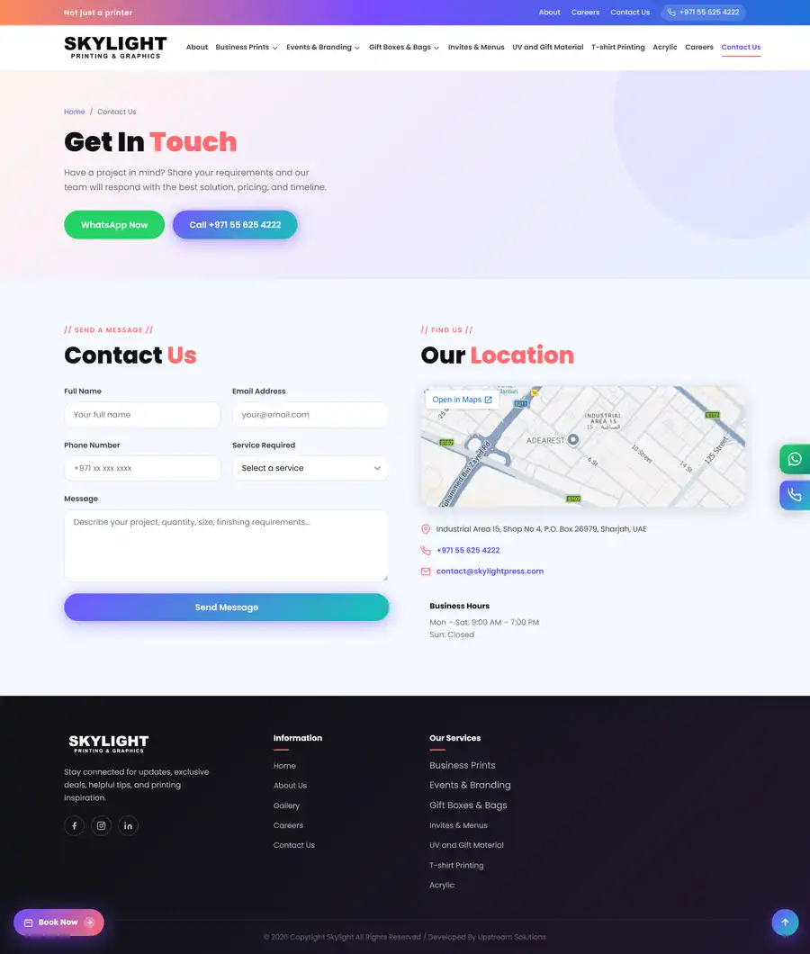 Skylight Printing & Graphics website home page on desktop