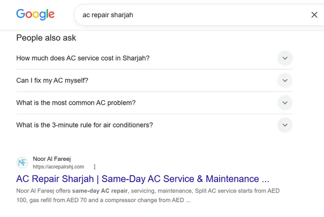 Google search results for "ac repair sharjah" showing acrepairshj.com