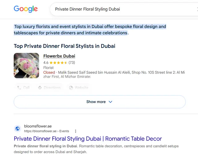 Google search results for "Private Dinner Floral Styling Dubai" showing bloomsflower.ae