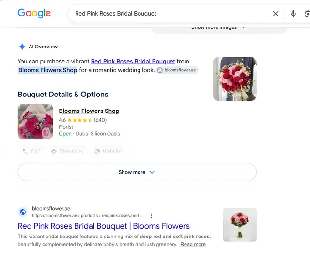 Google search results for "Red Pink Roses Bridal Bouquet" showing bloomsflower.ae
