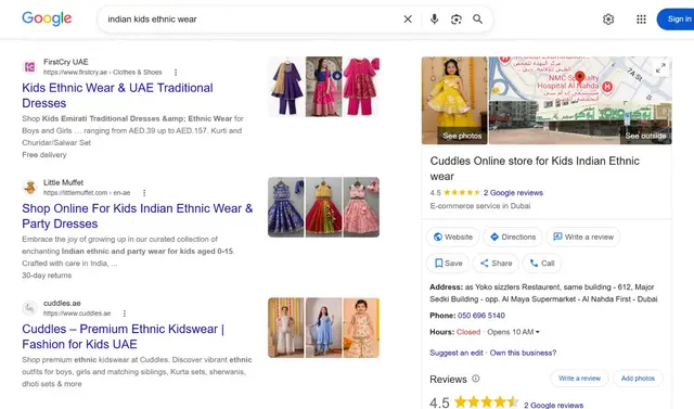 Google search results for "indian kids ethnic wear" showing cuddles.ae