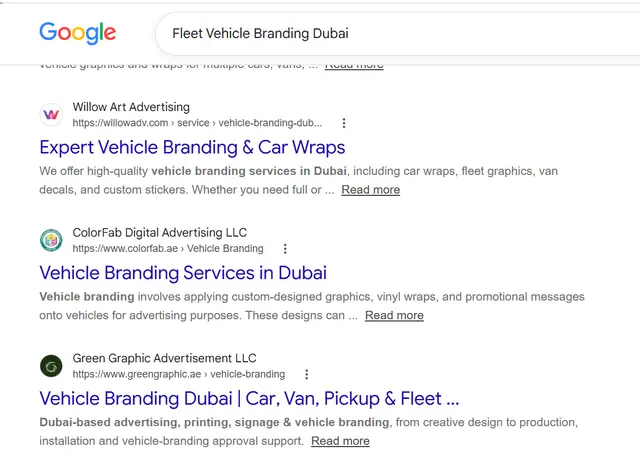 Google search results for "Fleet Vehicle Branding Dubai" showing greengraphic.ae