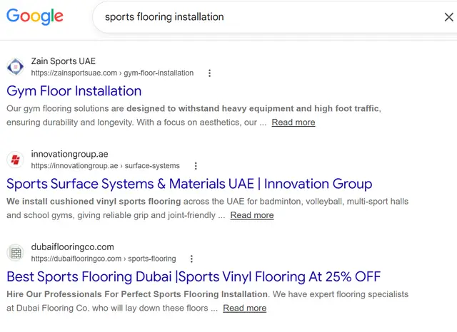 Google search results for "sports flooring installation" showing innovationgroup.ae