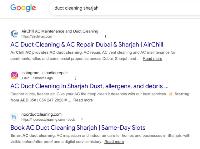 Google search results for "duct cleaning sharjah" showing noorductcleaning.com