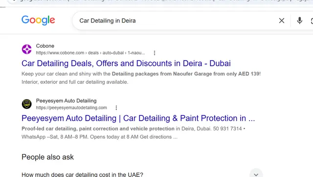 Google search results for "Car Detailing in Deira" showing peeyesyemautodetailing.com
