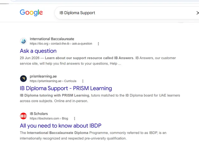 Google search results for "IB Diploma Support" showing prismlearning.ae