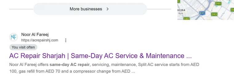 Google search results for ac repair sharjah showing acrepairshj.com ranking
