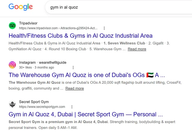 Google search results for "gym in al quoz" showing secretsportgym.com